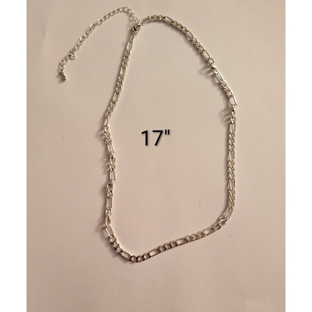 Silver Figaro Chain Necklace Women 17 Inch Adjustable Link Jewelry Minimalist